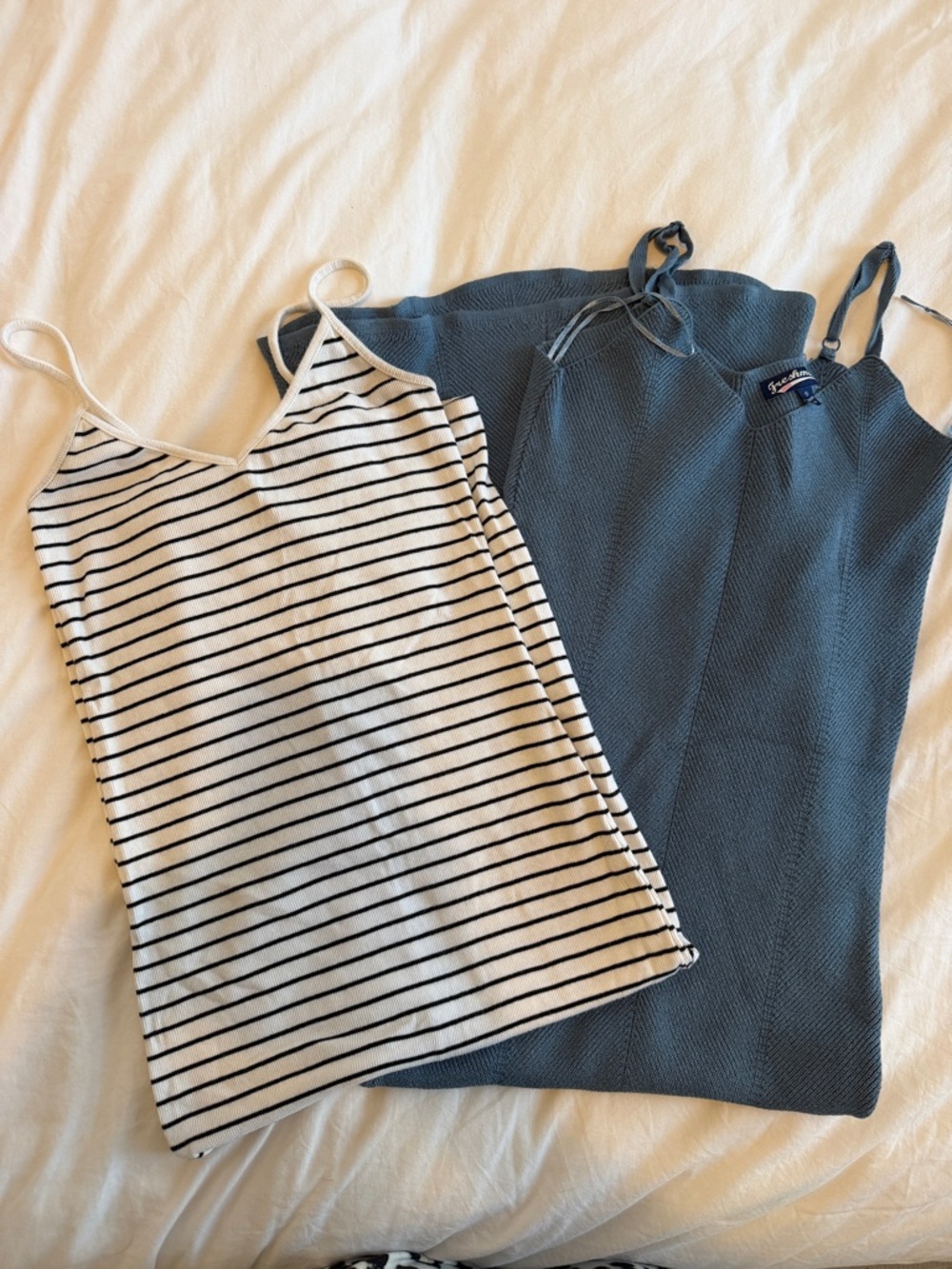 Striped White & Black dress + Slate Blue Knit dress Duo